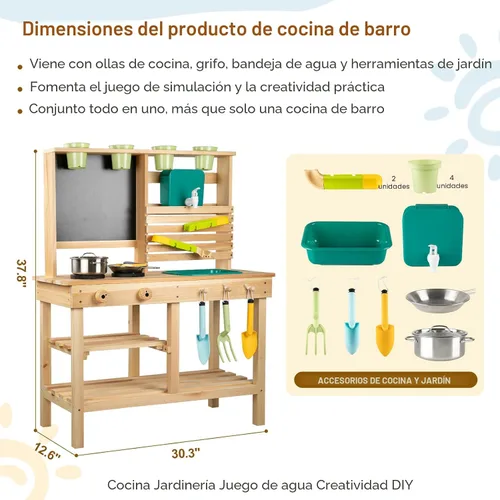 Vista 3 de Cocina de barro para niños al aire libre, juego de cocina de madera para niños pequeños con fregadero, utensilios de cocina, estufa, pizarra, grifo