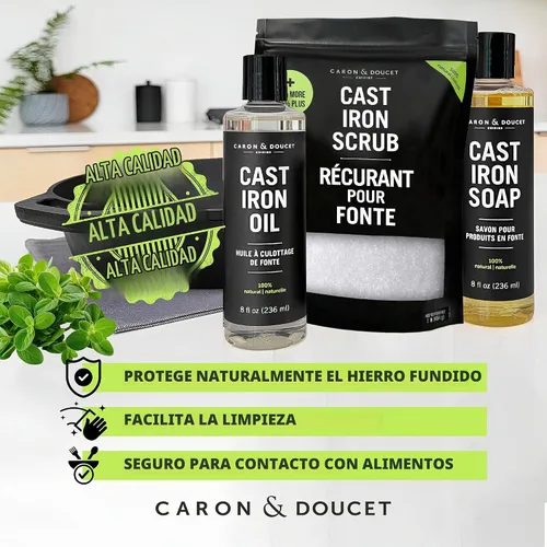 Vista 5 de CARON & DOUCET – Juego Ultimate de Hierro Fundido PLUS: Aceite para Sazonar, Jabón de Limpieza y Exfoliante Restaurador 100% a Base de Plantas y 2