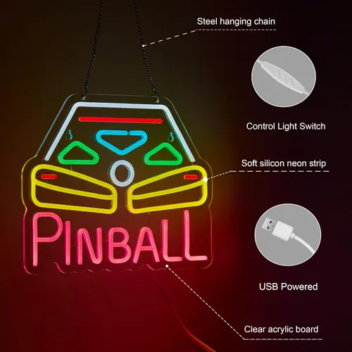 Vista 5 de Roouneon Pinball - Letrero de neón para decoración de pared con interruptor regulable, luz LED de neón