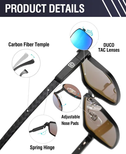 Vista 4 de DUCO Gafas de sol polarizadas rectangulares retro para hombres, tonos de fibra de carbono de moda