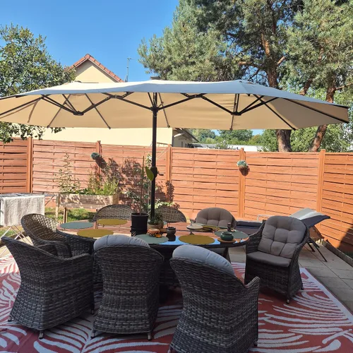 Vista 24 de PURPLE LEAF - Sombrilla de mercado de patio de 13 pies con base rectangular doble cara, sombrilla de mesa para exteriores con manivela, 12 varillas
