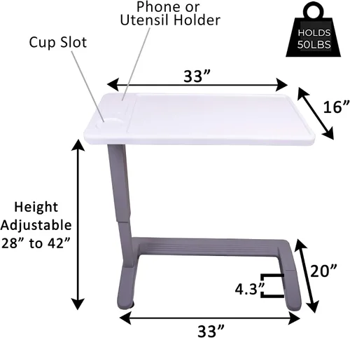 Vista 3 de Carex, mesa auxiliar para cama, mesa rodante con altura ajustable, plana, para comer, trabajar, leer o usar la computadora