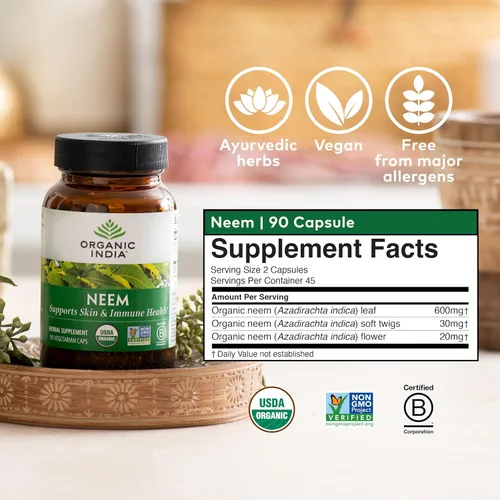 Vista 7 de Organic India Cápsulas de Hoja de Neem - Suplemento Herbal, Apoya la Salud de la Piel y del Sistema Inmunológico, Vegano, Sin Gluten, Certificado