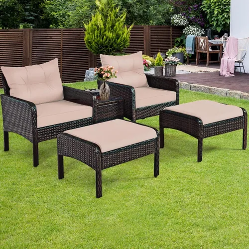 Vista 8 de Juego de muebles de patio de 5 piezas, silla de mimbre de ratán para conversación al aire libre con 2 otomanas y mesa de centro de vidrio templado
