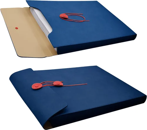 Vista 4 de Carpeta de archivo A4 de cuero de la PU, soporte para documentos, sobre de archivo, chaqueta de archivo de proyecto con cierre de lazo de cuerda Azul