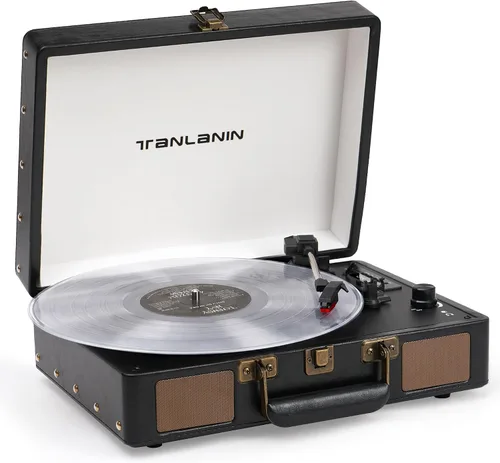Vista 17 de Reproductor de discos de vinilo con altavoces integrados, tocadiscos de entrada Bluetooth de 3 velocidades, grabación y reproducción USB/TF
