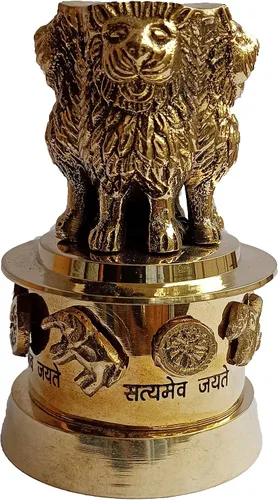 Vista 4 de PARIJAT HANDICRAFT Columna de estambh de latón Ashoka emblema de bandera nacional de cuatro leones satyamev jayete adornado escritorio papel