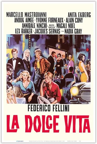 Vista 9 de La Dolce Vita de Federico Fellini con Marcello Mastroianni Anita Ekberg - Póster vintage de película italiana por Sandro Simeoni c.1960 - Impresión