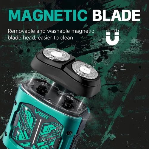 Vista 2 de VGR Mini afeitadora eléctrica 344 – Navaja giratoria recargable por USB de doble anillo, afeitadora facial portátil IPX6 húmeda y seca para hombres