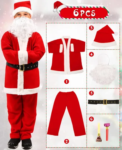 Vista 2 de Disfraz de Papá Noel para niños disfraz de Papá Noel de terciopelo para niños disfraz de Navidad 6 piezas traje de fiesta elegante para niños talla L