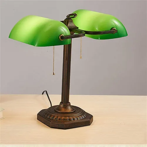 Vista 2 de Vintage Brass Bankers with Emerald Green Glass Shade Art Deco Double Head Table Lamp Indoor Light