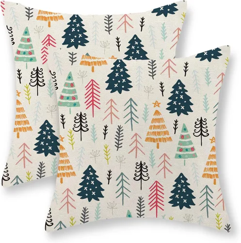 Vista 50 de Juego de 2 fundas de almohada navideñas de 16 x 16 pulgadas, fundas de almohada de lino color rojo con diseño de alces y ciervos de invierno