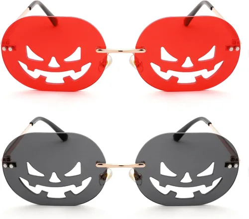 Vista 2 de Gafas de sol en forma de calabaza para mujeres y hombres, divertidas gafas de Halloween sin montura ovaladas lindas gafas de fiesta - rojo + negro