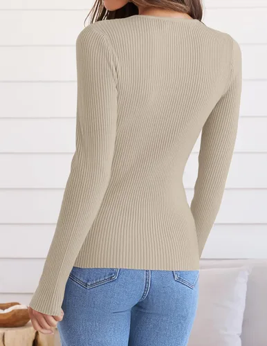 Vista 4 de ZESICA Camisas de manga larga con cuello redondo para mujer, suéter de punto para otoño, ajustado, informal, básica