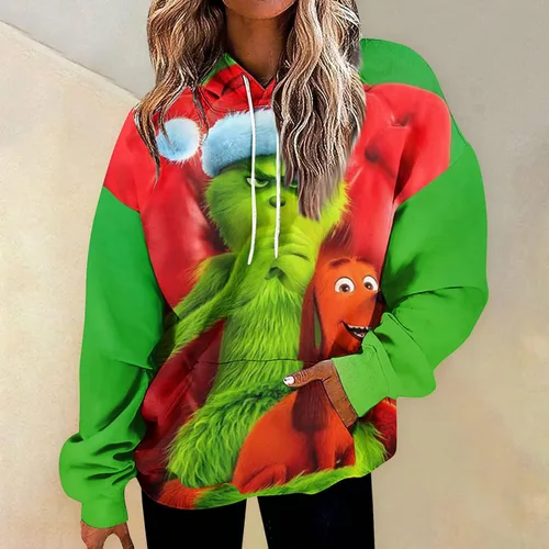 Vista 2 de Sudadera con capucha para mujer, sudadera verde con capucha y estampado de Feliz Navidad