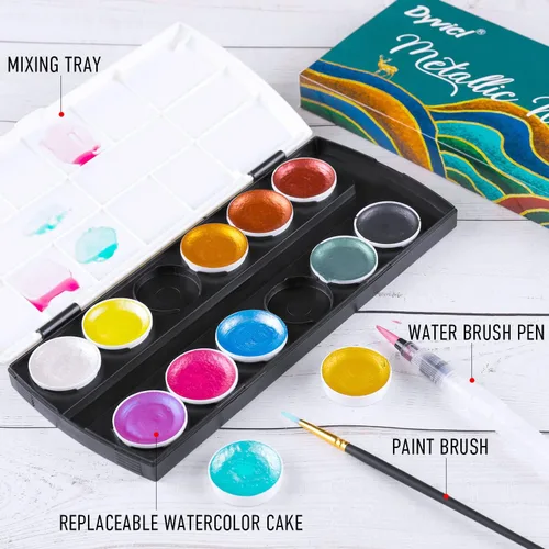 Vista 4 de Dyvicl Juego de pintura de acuarela metálica con purpurina, 12 acuarelas que cambian de color brillante, caja portátil con cepillo de agua, pinturas