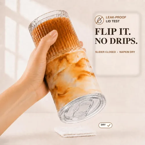 Vista 3 de Taza de café helado con tapa y pajilla, vaso de vidrio acanalado de 18.6 onzas, vaso estético con tapa deslizante para matcha, Boba, batido, cerveza