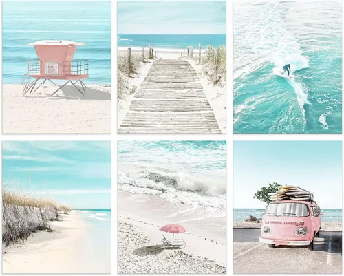 Vista 8 de Juego de 6 impresiones costeras para pared, diseño estético junto al mar, estrellas de mar, arena, paseo marítimo, olas del océano, pósteres