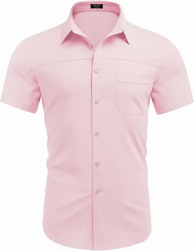 Vista 5 de COOFANDY Camisas de vestir para hombre, de manga corta, de algodón, casual, con botones, con bolsillo
