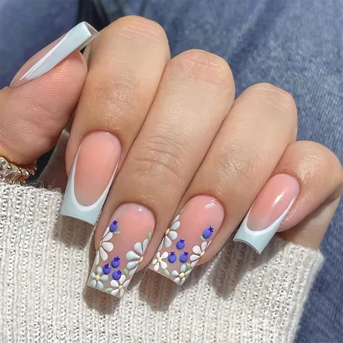 Vista 11 de MISUD Uñas a presión – Uñas cuadradas largas con pegamento rosa y negro, acrílico Y2K diseño de dijes de 24 piezas