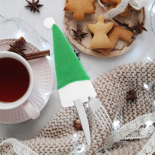 Vista 7 de Angoily 10 piezas de mini sombreros de Papá Noel de Navidad, soportes para cubiertos con bolsillos, tapas de botellas de vino, tapas de piruleta