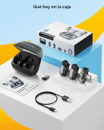 Vista 9 de Mini micrófonos inalámbricos Lavalier para iPhone iPad Android con funda de carga, micrófono de solapa USB C con reducción de ruido y modo cambiador