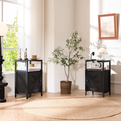Vista 7 de Yoobure Mesita de noche de granja con estación de carga, extremo de noche de madera con puertos USB, mesa auxiliar de cama LED con armario de Negro