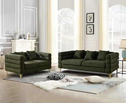 Vista 10 de Cómodo sofá de 3 plazas, sofá Boucle de gran tamaño de 81 pulgadas con diseño de asiento profundo, sofá tapizado con 2 almohadas, moderno sofá