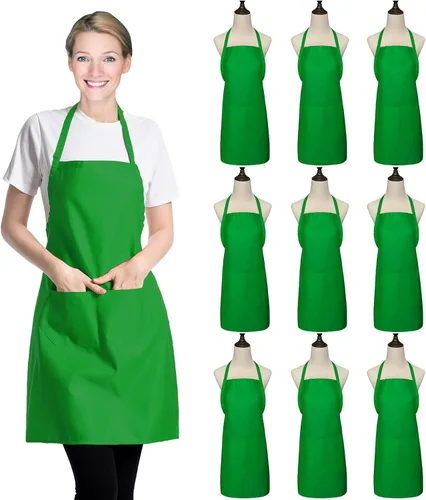 Vista 10 de Paquete de 9 delantales negros para mujeres, adultos, niñas y mujeres con bolsillos, delantales de cocina a granel para cocinar, pintar, barbacoa