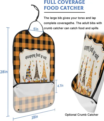 Vista 2 de QueenKer Funny Adult Bibs for Eating, Happy Fall Y'All Gnome Orange Black Plaid Waterproof Clothing Protector Washable Adult Bib with Crumb Catcher