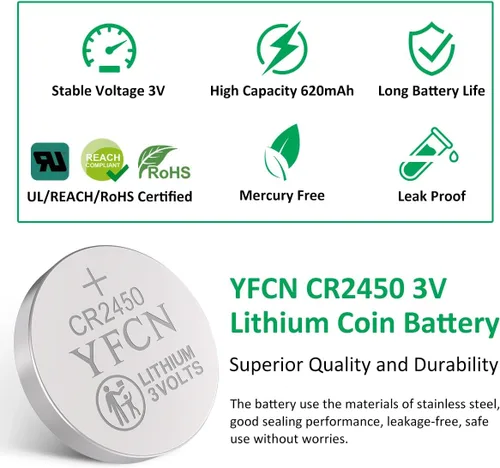 Vista 2 de YFCN Batería CR2450 de litio de 3 V, paquete de 5 baterías CR2450 – 10 años de vida útil – CR 2450 pilas de moneda para llavero, control remoto