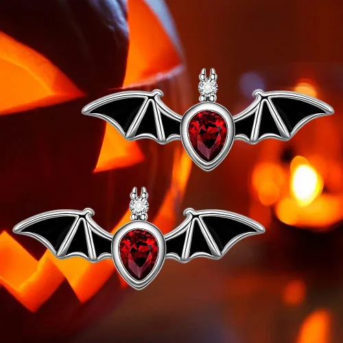 Vista 8 de Aretes hipoalergénicos de plata de ley con forma de murciélago con forma de calabaza y llama, murciélagos, para mujeres, adolescentes, niñas, orejas