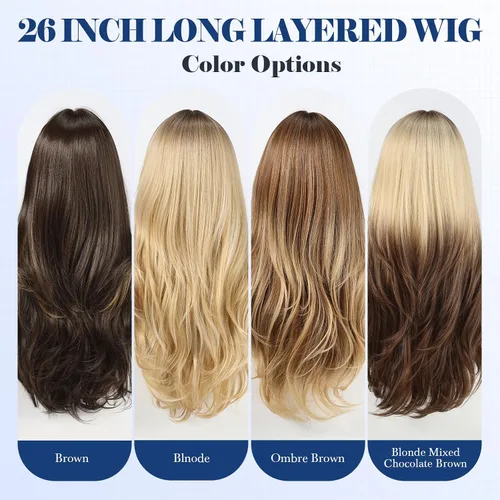 Vista 7 de HAIRCUBE Peluca larga rubia mezclada con marrón con flequillo, pelucas rizadas en capas para mujeres, pelucas sintéticas naturales para uso diario