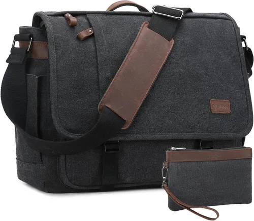 Vista 12 de NerIion Bolsa de Mensajero para Hombres de 17-17.3 Pulgadas, Bolsa de Laptop de Lona Resistente al Agua, Bolsa de Hombro, Maletín de Trabajo, Marrón