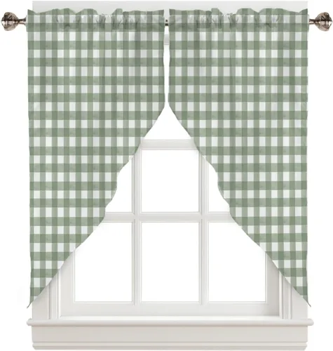 Vista 12 de Cenefas con festón a cuadros en blanco y negro para ventanas, cortinas de cocina estilo granja de 36 pulgadas de largo, juego de 2 paneles, cortinas