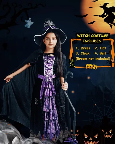 Vista 2 de Disfraz de bruja para niñas disfraz de bruja de Halloween con sombrero y capa