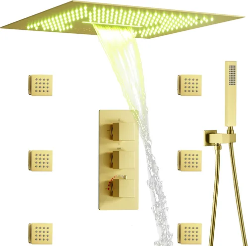 Vista 23 de Cabezal de ducha de lluvia de techo LED redondo de oro cepillado de 10 pulgadas, DULABRAHE termostático para baño, sistema de ducha de lluvia de Oro