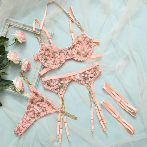 Vista 4 de Lencería sexy traviesa para mujer, con bordado de flores, encaje tipo babydoll con brasier y bragas, lencería nupcial con anillos para las piernas