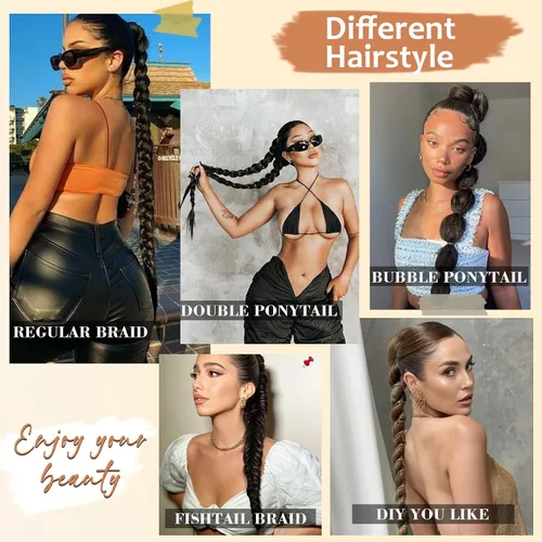 Vista 5 de Extensión de cola de caballo larga trenzada con banda para el cabello, color marrón claro, extensiones de cabello sintético suave y natural