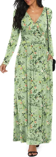 Vista 21 de LILBETTER - Vestido largo de manga larga, cuello en V profundo, holgado, liso y casual para mujer Verde militar