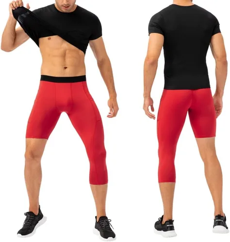 Vista 25 de Pantalones de compresión para hombre, mallas de compresión de una pierna para baloncesto, capri 3/4, leggings atléticos, capa base de secado fresco