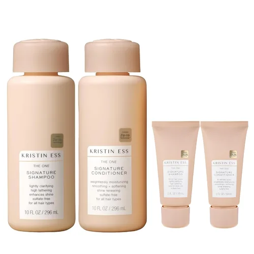 Vista 5 de Kristin Ess Signature Travel Size Set de Champú + Acondicionador de Salón para Humedad, Suavidad + Brillo - Anti Encrespamiento + Ligeramente