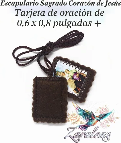 Vista 3 de Escapulario Católico Marrón Lana Rectangular Icono Hecho A Mano Corazón Sagrado de Jesús con Nuestra Señora Monte Carmelo por Zaraleas