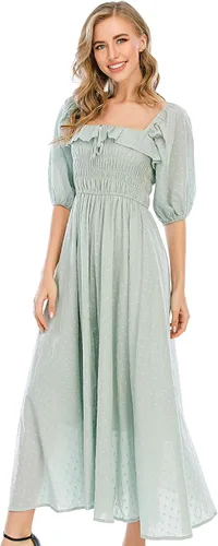 Vista 2 de R.Vivimos - Vestidos largos de verano de media manga para mujer, hechos de algodón, con volantes, estilo vintage, elegantes, con espalda descubierta