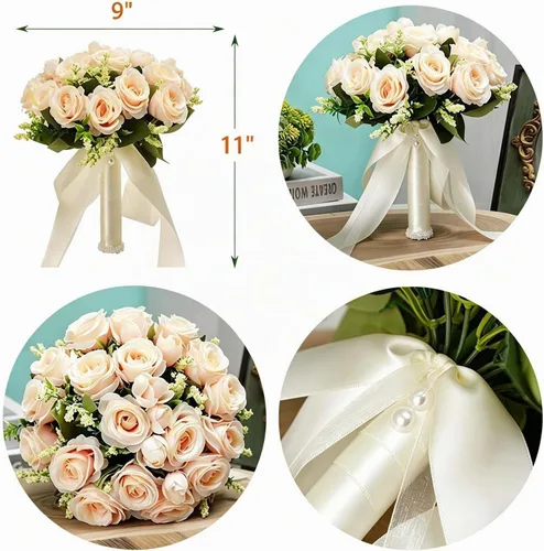 Vista 3 de CYANLUX Ramos de Bodas para Novia y Dama de Honor, Ramos de Champán, Rosas Artificiales Blancas para Bodas, San Valentín, Iglesia, Decoración