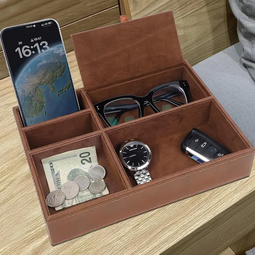 Vista 4 de Zcaukya Bandeja de valet para hombre, joyero, organizador de mesita de noche con 5 compartimentos para llaves, cartera, reloj y lentes
