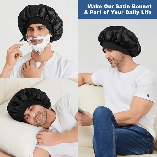 Vista 6 de Gorro para hombre, gorro de doble capa para dormir, gorro de dormir ajustable con banda elástica, gorros de satén de seda para trenzas de cabello