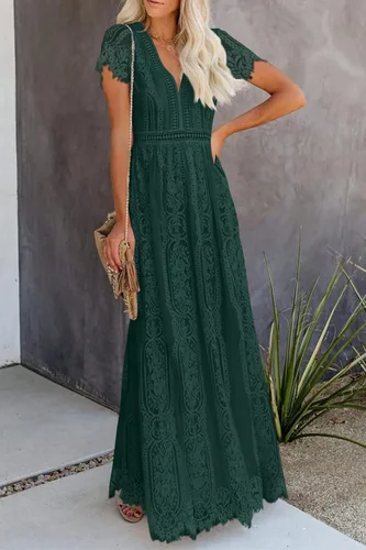 Vista 3 de PRETTYGARDEN - Vestido largo de encaje floral para mujer, manga corta, cuello en V, vestidos de fiesta para boda y para la noche