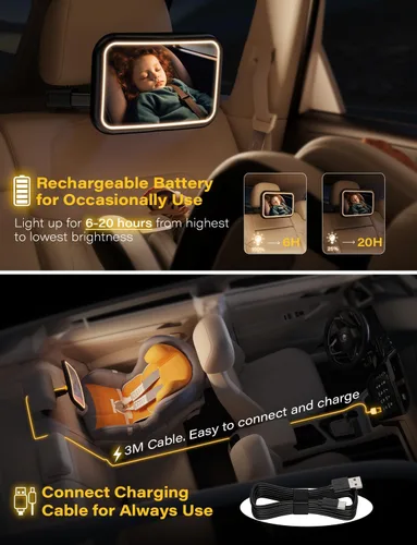 Vista 8 de Espejo de Coche para Bebé con Luz para Asiento de Coche Recargable 2000mA, Espejo de Coche para Bebé con Gancho de Clip, Diseño para Asiento