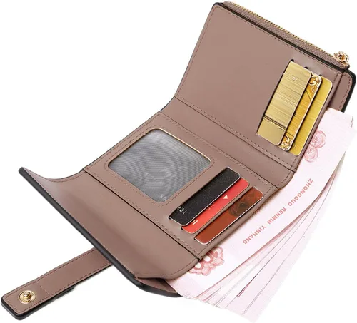 Vista 4 de AOXONEL Billetera pequeña de cuero para mujer, billetera Rfid para mujer, billetera triple plegable, compacta con ranuras para tarjetas y bolsillo